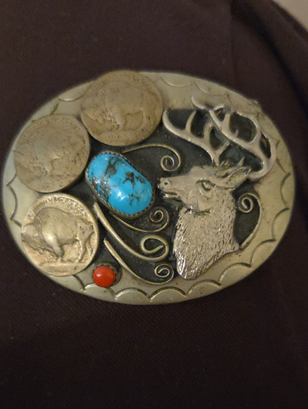 Vintage Navajo Silver Turquoise & Coral Belt Buckle By, Squaw Wrap